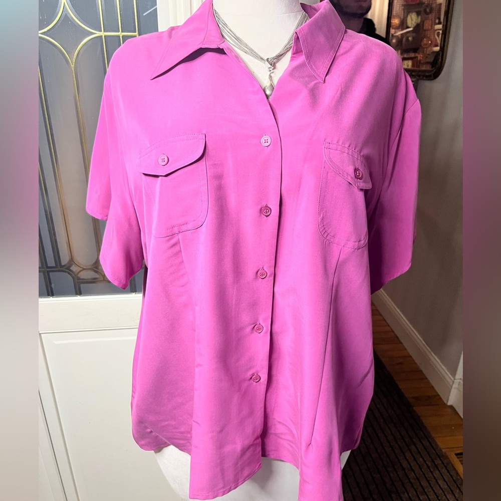 NWT Aparenza 3X Hot Pink Silky Button-Up Blouse Plus Size Barbiecore